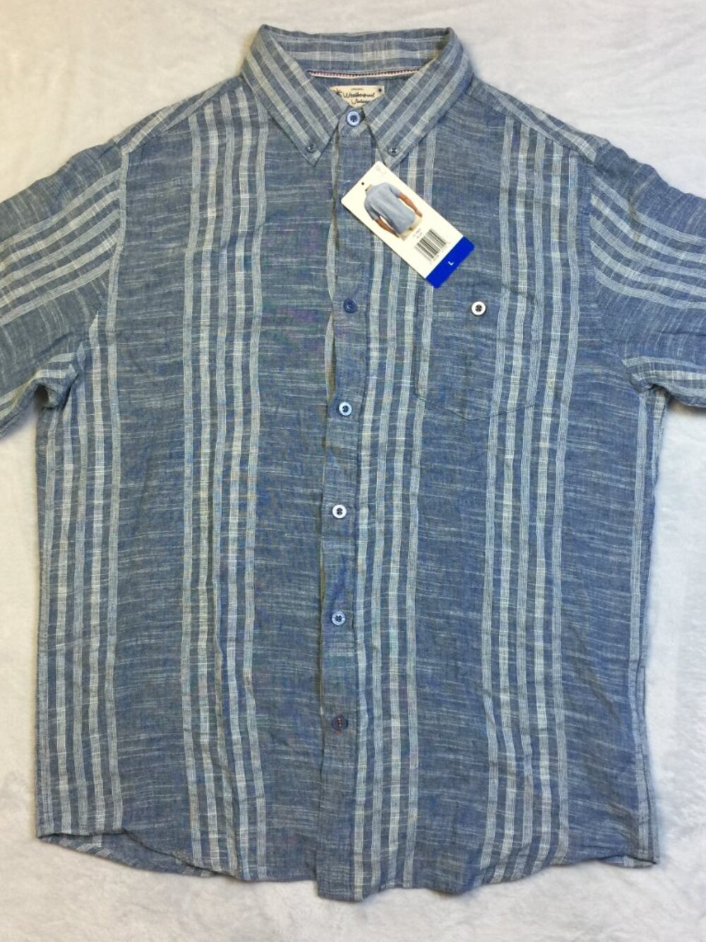 New! Weatherproof Vintage Mens Shirt L Blue White Striped Linen Short Sleeve